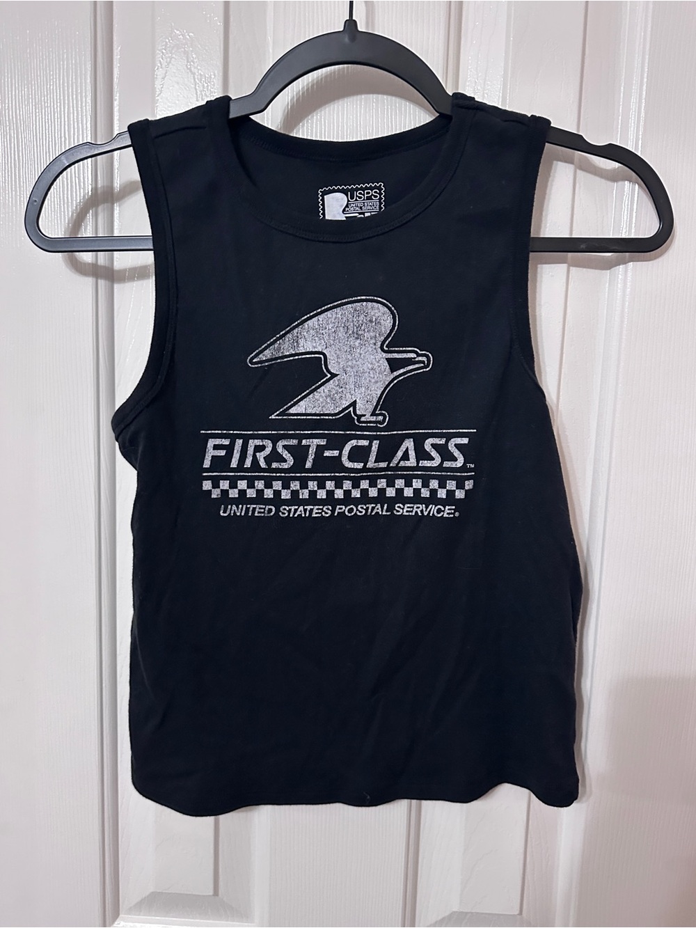 Hybrid Apparel Black Tank Top with Silver USPS First-Class Graphic